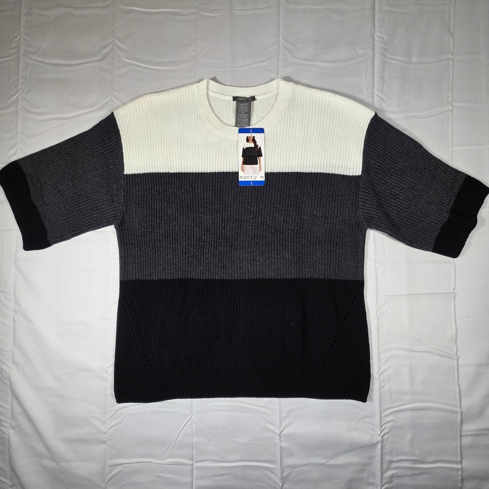 Matty M Womens Colorblock Ribbed Short Sleeve Sweater White Grey Black Large